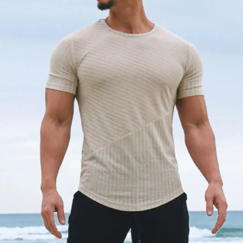 Mens T-Shirt  Slim Fit  Cotton Blend  Crew Neck  Short Sleeve  Striped Casual Wear
