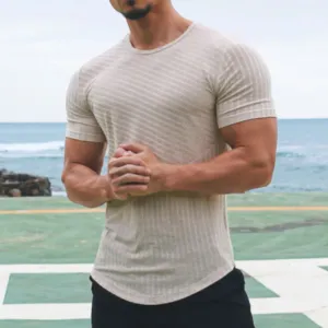 Mens T-Shirt  Slim Fit  Cotton Blend  Crew Neck  Short Sleeve  Striped Casual Wear