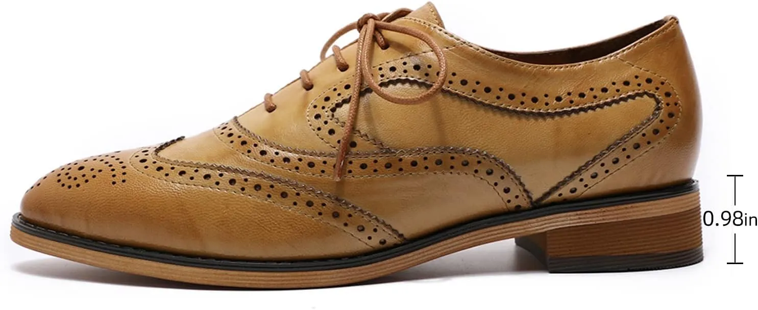 Mona flying Women's Perforated Oxfords Wingtip Brogue Lace up Leather Flat Office Work Shoes for Ladies