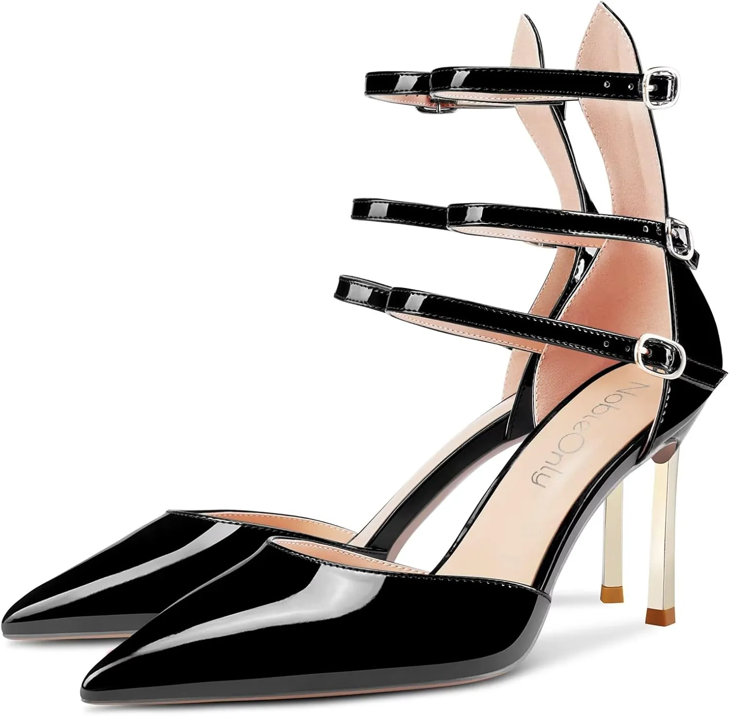 NobleOnly Women High Heel Pointed Toe Two-Piece Ankle Strap Pumps Buckle Prom Casual Sexy Dress Shoes 3.3 Inches Heels