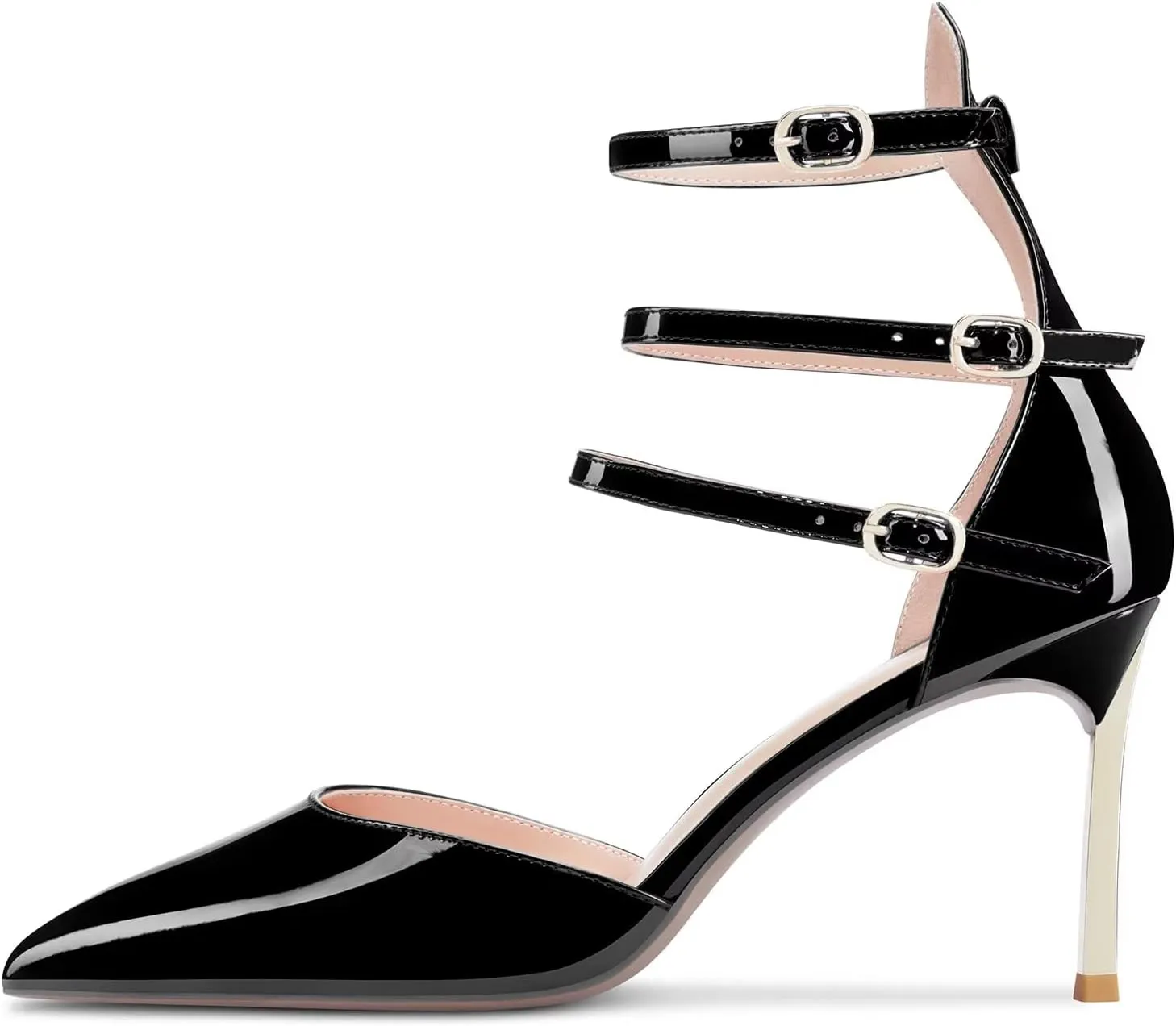NobleOnly Women High Heel Pointed Toe Two-Piece Ankle Strap Pumps Buckle Prom Casual Sexy Dress Shoes 3.3 Inches Heels