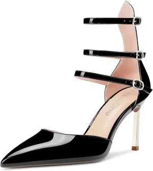 NobleOnly Women High Heel Pointed Toe Two-Piece Ankle Strap Pumps Buckle Prom Casual Sexy Dress Shoes 3.3 Inches Heels