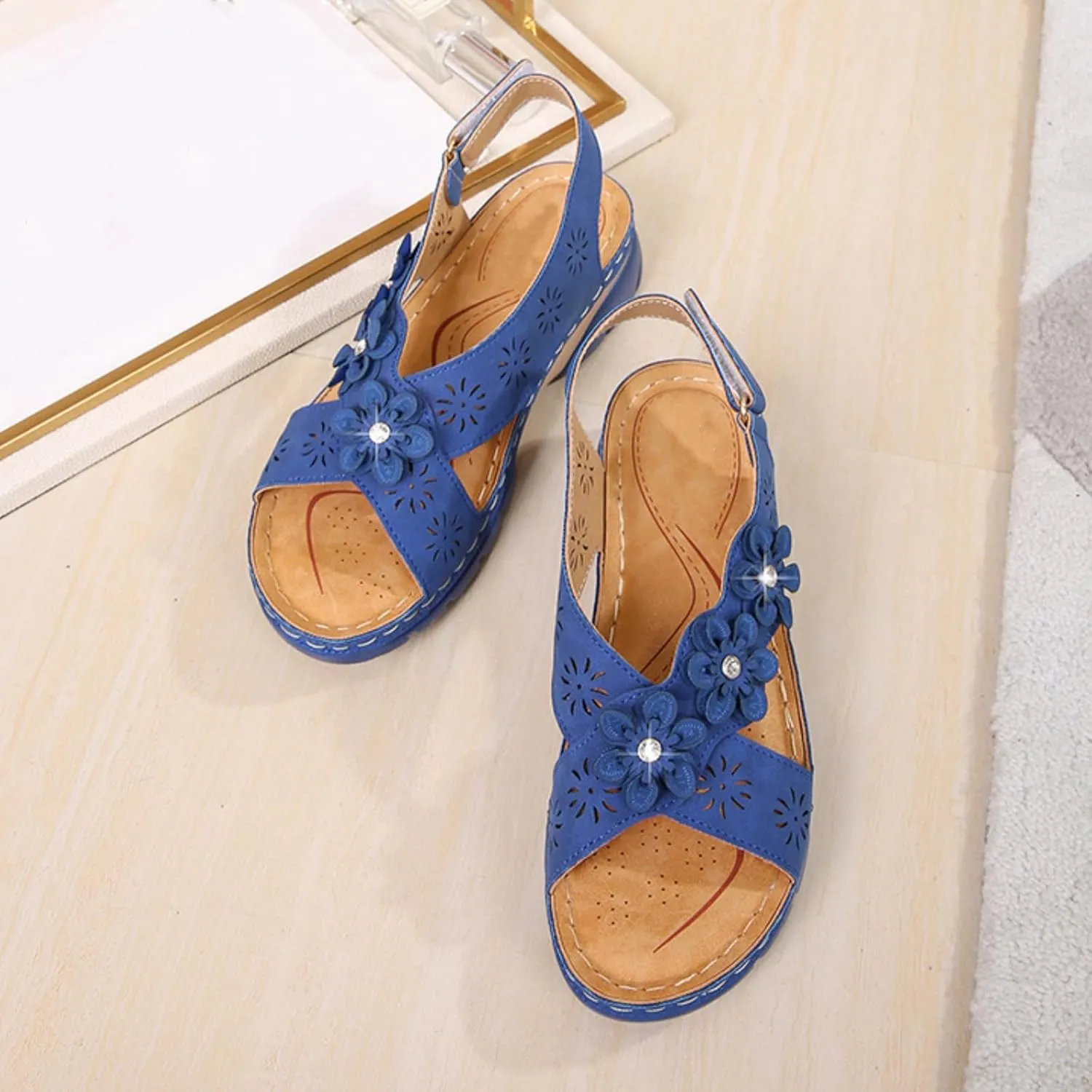 Orthopedic Sandals for Women Non Slip Comfortable Low Wedge Sandals Open Toe Cross Strappy Flowers Walking Shoes Slingback Casual Summer Beach Sandal