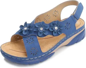 Orthopedic Sandals for Women Non Slip Comfortable Low Wedge Sandals Open Toe Cross Strappy Flowers Walking Shoes Slingback Casual Summer Beach Sandal