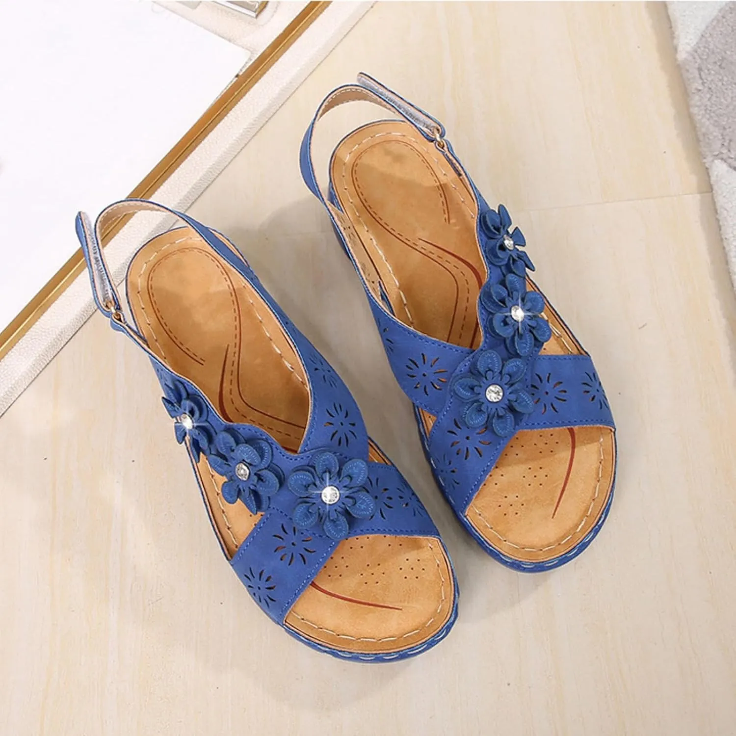 Orthopedic Sandals for Women Non Slip Comfortable Low Wedge Sandals Open Toe Cross Strappy Flowers Walking Shoes Slingback Casual Summer Beach Sandal