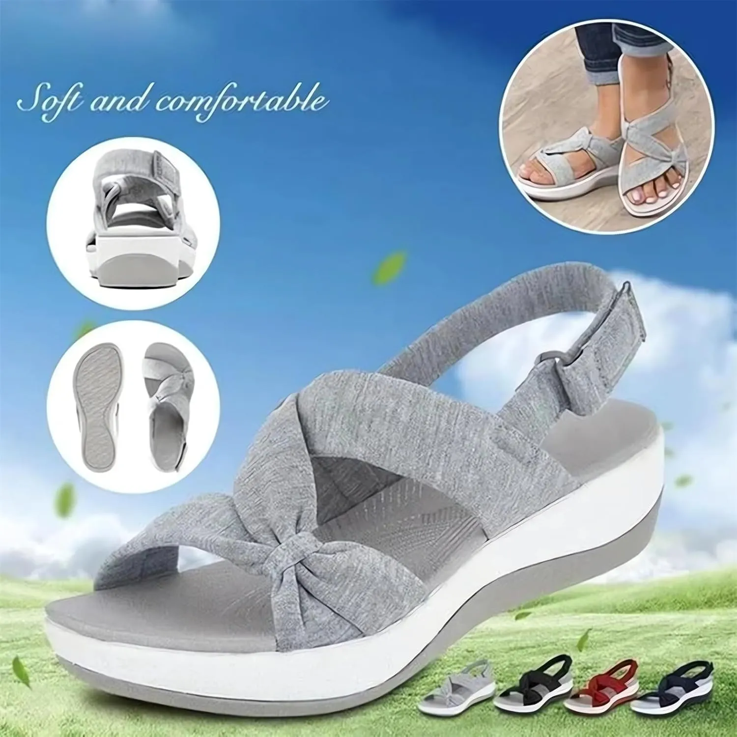 Orthopedic Sandals for Women Summer Womens Flat Sandals Wide Width Arch Support Sandal, Adjusting Ankle Strap Slip on Shoes Fashion Bow Strappy Beach Walking Shoes