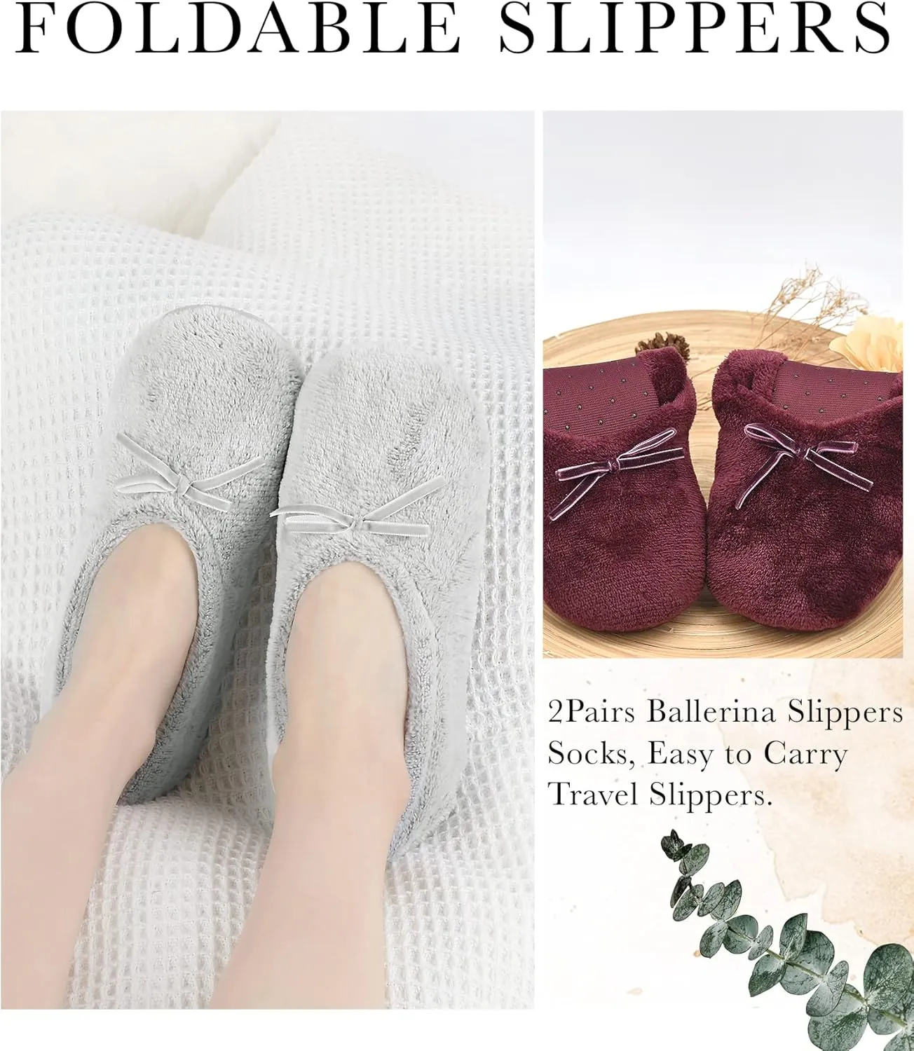 Panda Bros 2 Pairs Women's Ballerina House Slippers, Anti-Skid Comfy Warm Ballet Style Slippers