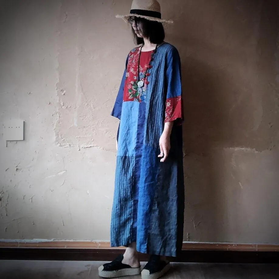 Patchwork Cotton Linen Dress | Hippie