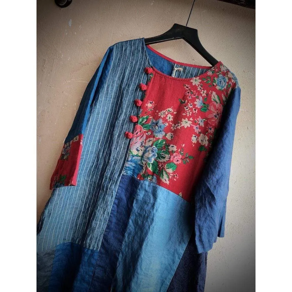 Patchwork Cotton Linen Dress | Hippie