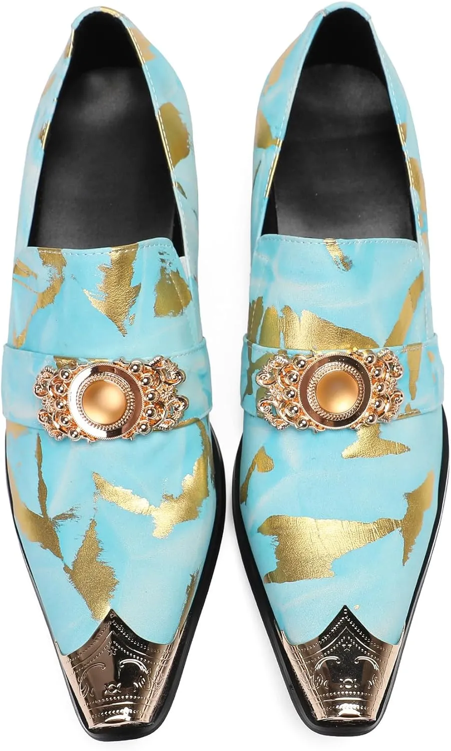Santimon Mens Loafers Party Dress Casual Metal-Tip Dragon Toe Slip On Leather Gold Beaded Penny Loafers Western Fashion Prom Heel Shoes Summer Shoes for Men Boys