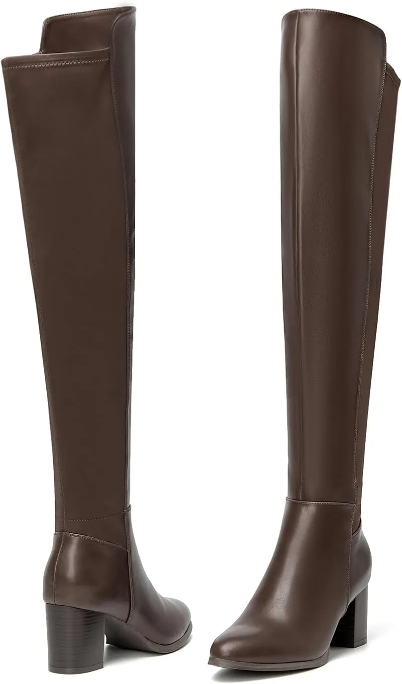 SelenePair Women's Over The Knee Boots Stretch Thigh High Block Mid Heel Boot Fashion Side Zip Winter Boots