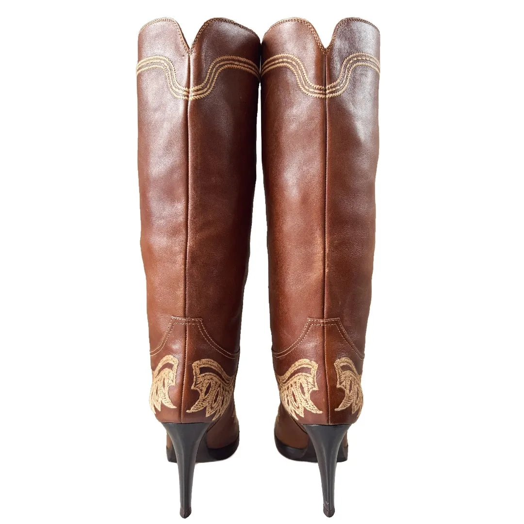 SERGIO ROSSI Eagle Phoenix Tall Brown Cowgirl Boots