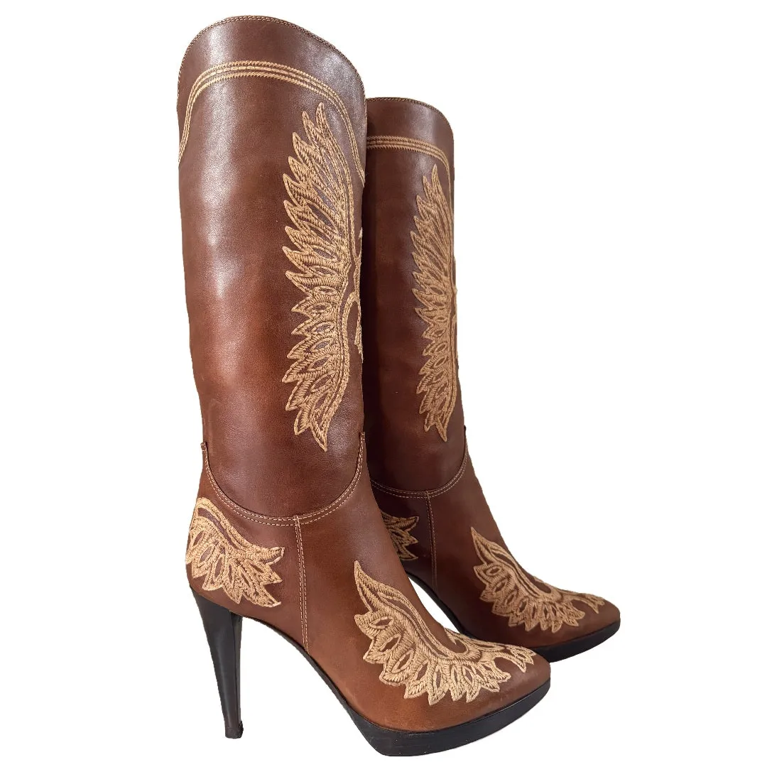 SERGIO ROSSI Eagle Phoenix Tall Brown Cowgirl Boots
