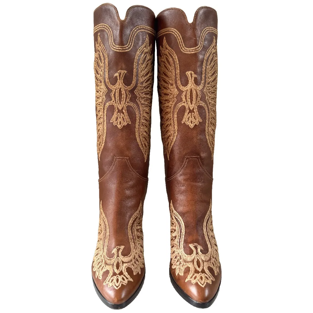 SERGIO ROSSI Eagle Phoenix Tall Brown Cowgirl Boots