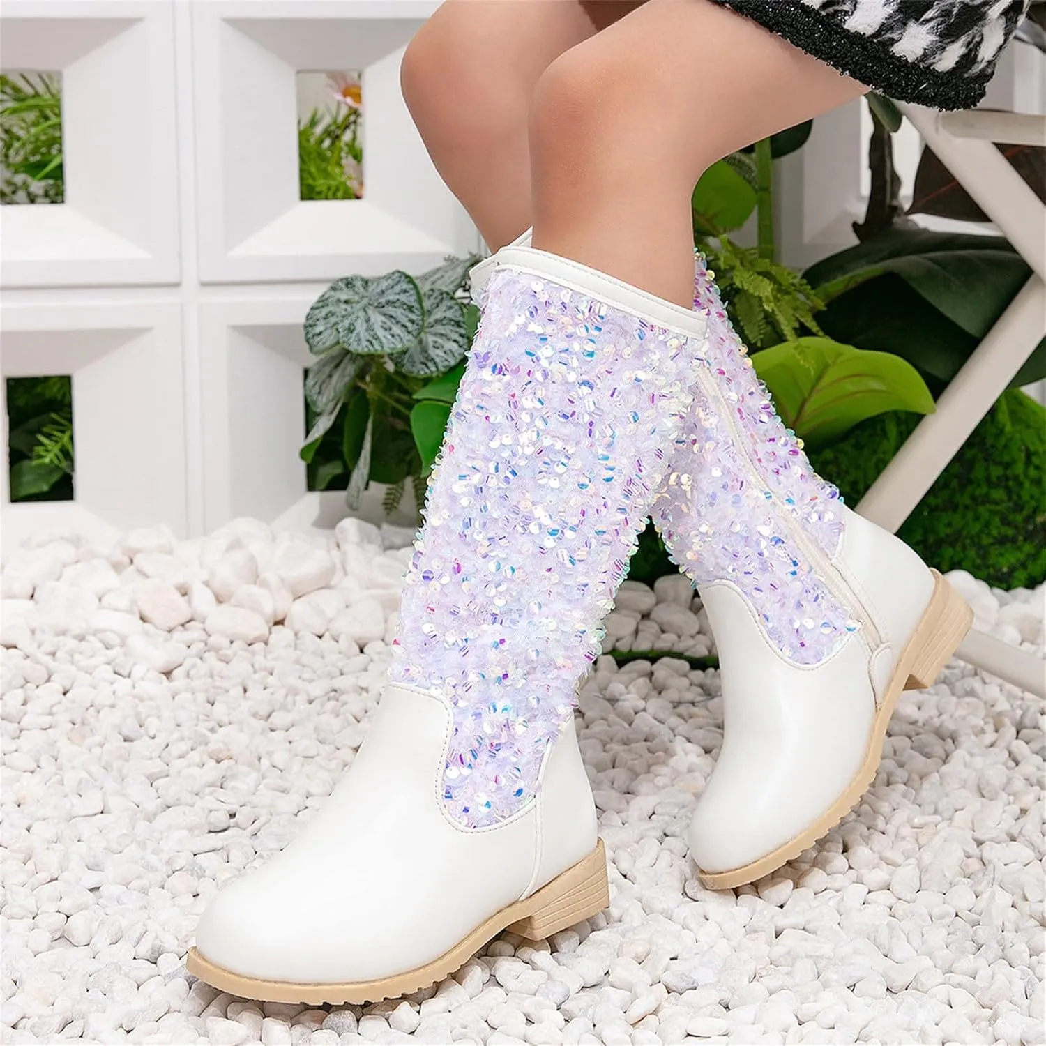 Sparkly Girls Cowboy Western Boots Comfortable Casual Walking Boots Mid Calf Square Toe Ankle Boots for Toddler