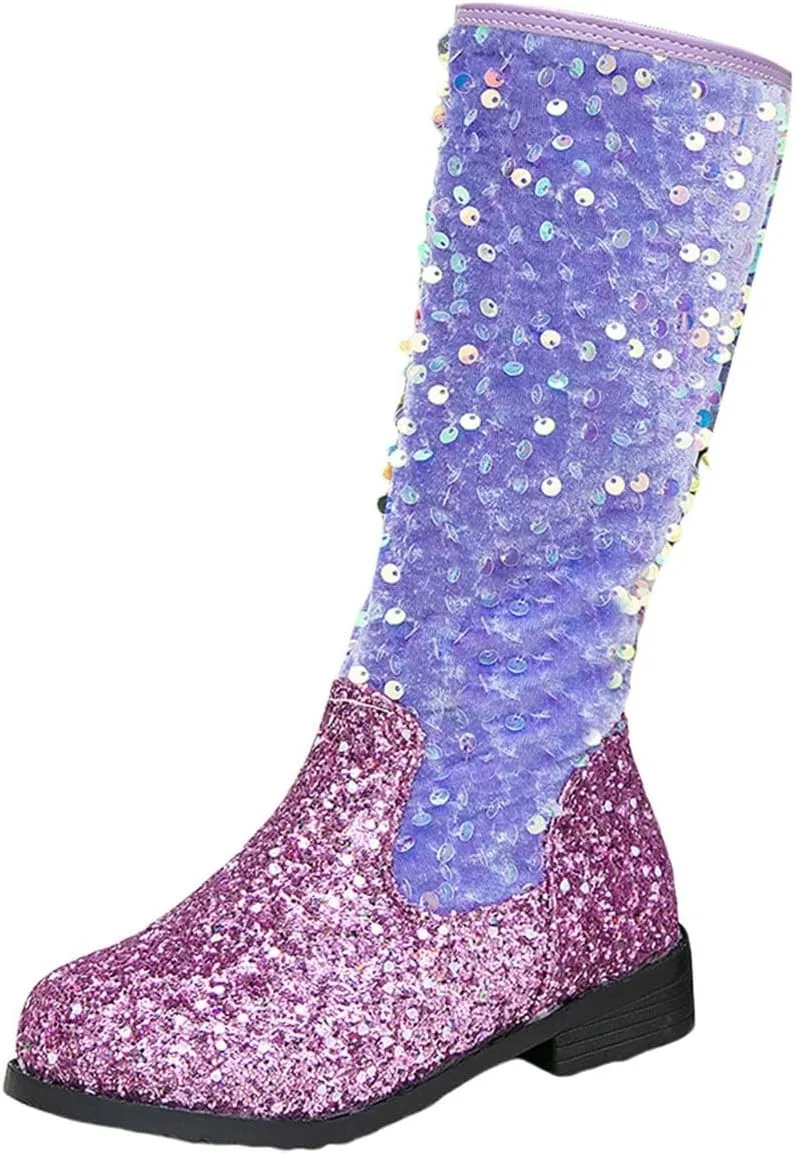 Sparkly Girls Cowboy Western Boots Comfortable Casual Walking Boots Mid Calf Square Toe Ankle Boots for Toddler