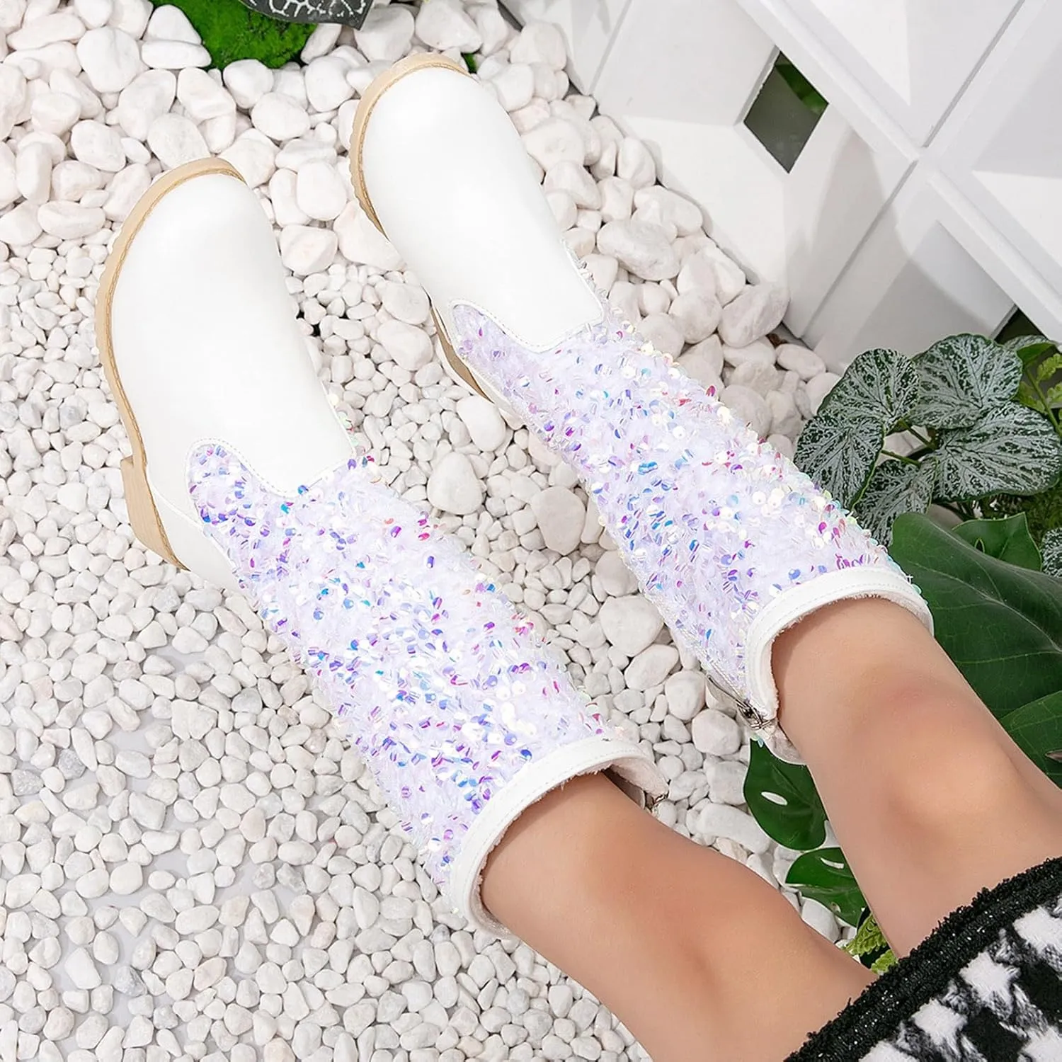 Sparkly Girls Cowboy Western Boots Comfortable Casual Walking Boots Mid Calf Square Toe Ankle Boots for Toddler