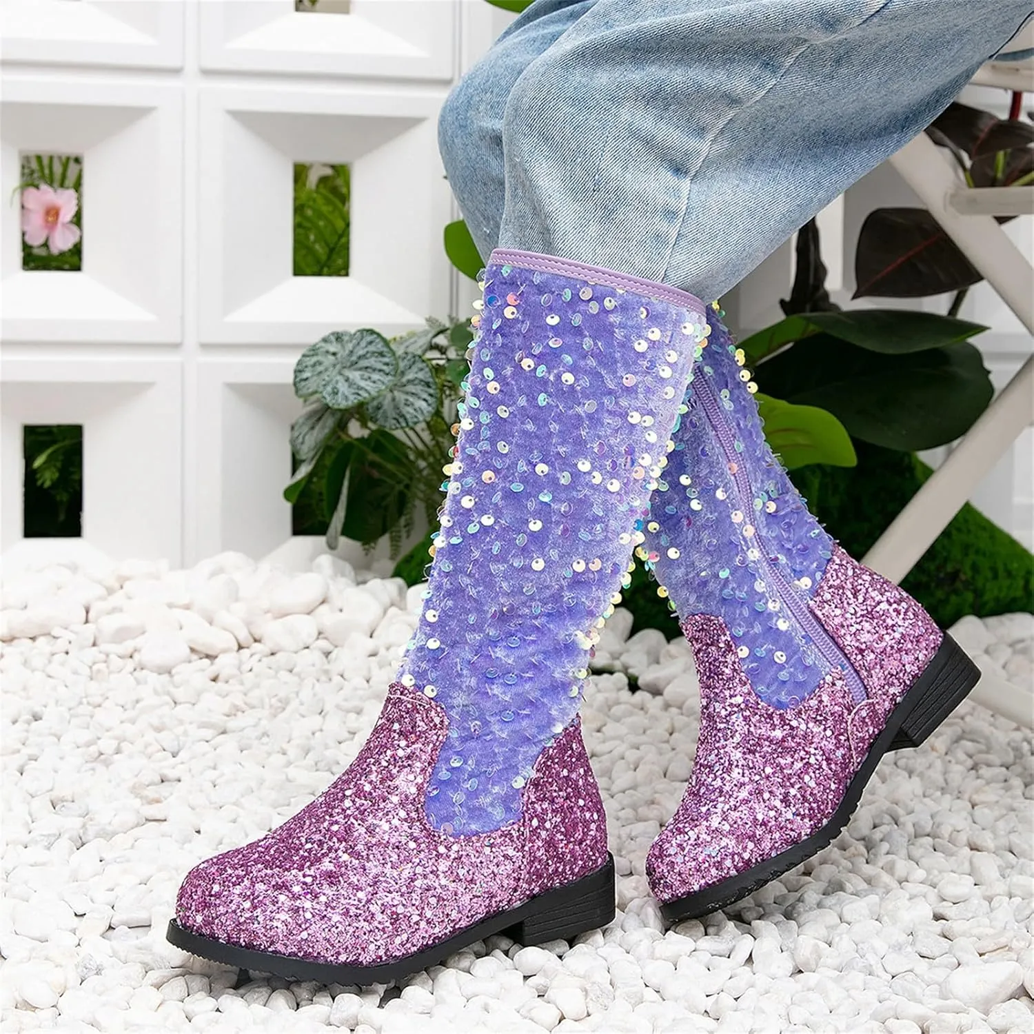 Sparkly Girls Cowboy Western Boots Comfortable Casual Walking Boots Mid Calf Square Toe Ankle Boots for Toddler