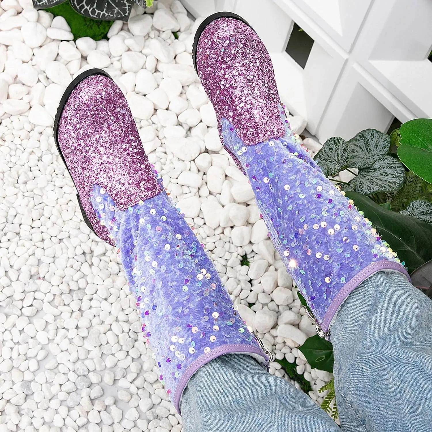 Sparkly Girls Cowboy Western Boots Comfortable Casual Walking Boots Mid Calf Square Toe Ankle Boots for Toddler