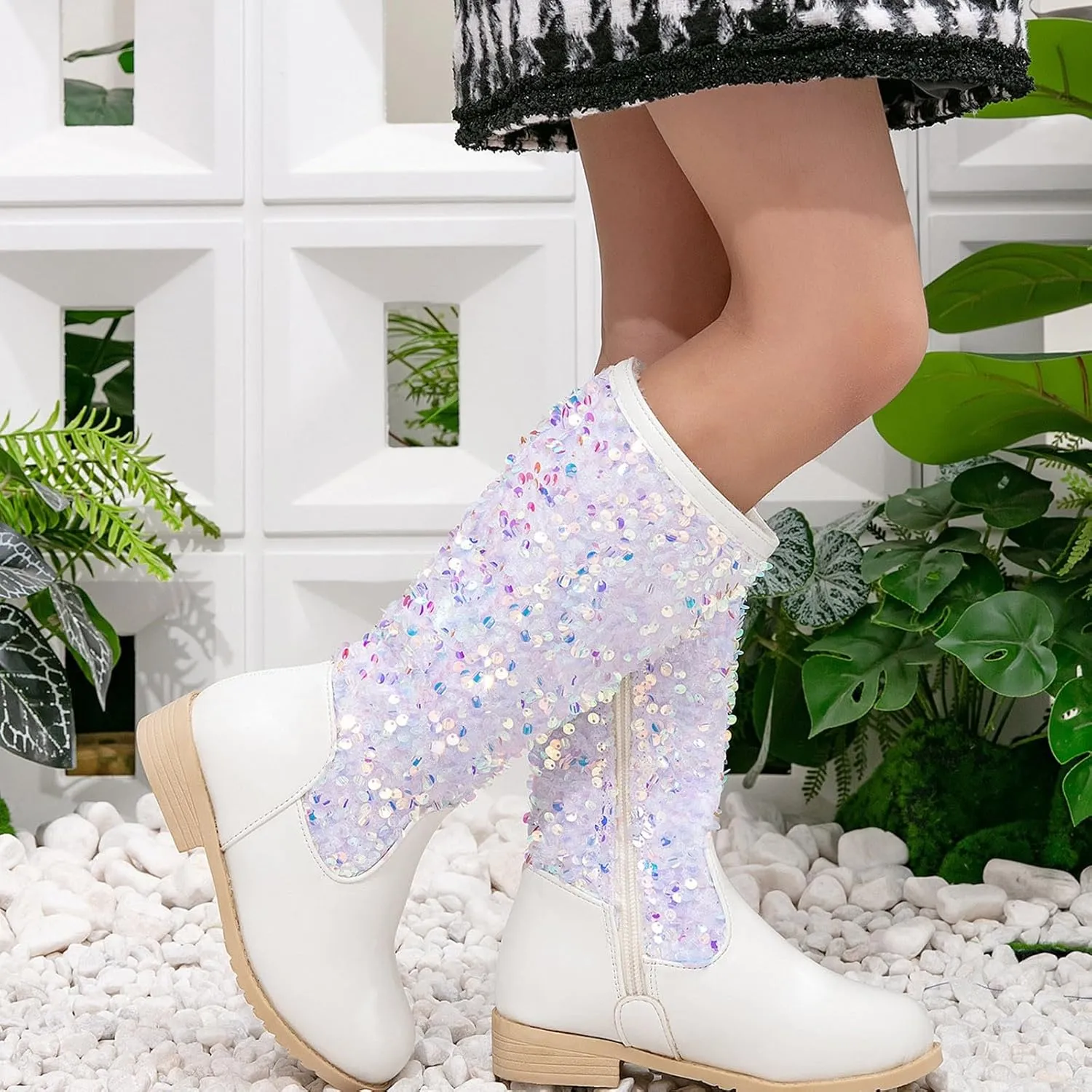 Sparkly Girls Cowboy Western Boots Comfortable Casual Walking Boots Mid Calf Square Toe Ankle Boots for Toddler