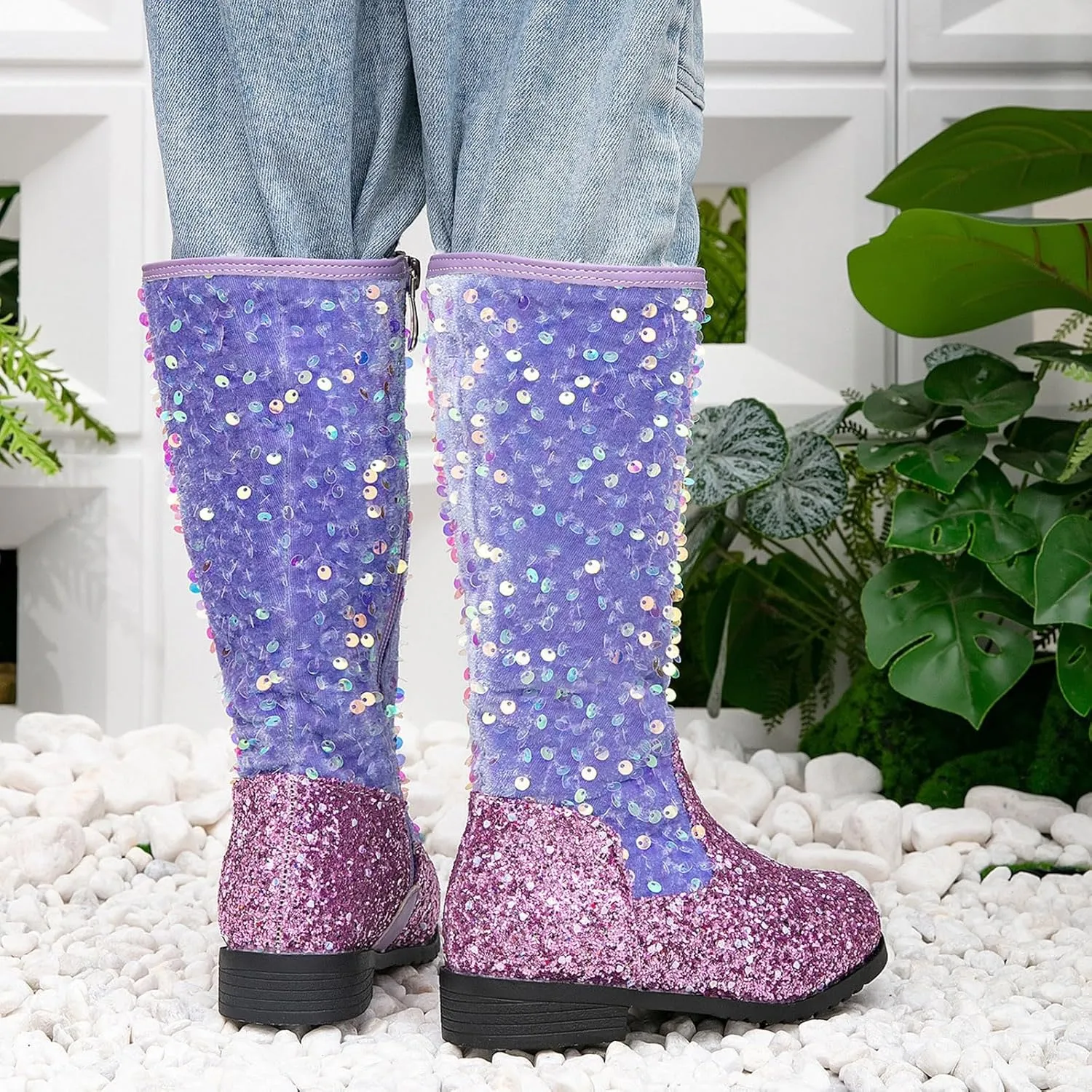 Sparkly Girls Cowboy Western Boots Comfortable Casual Walking Boots Mid Calf Square Toe Ankle Boots for Toddler