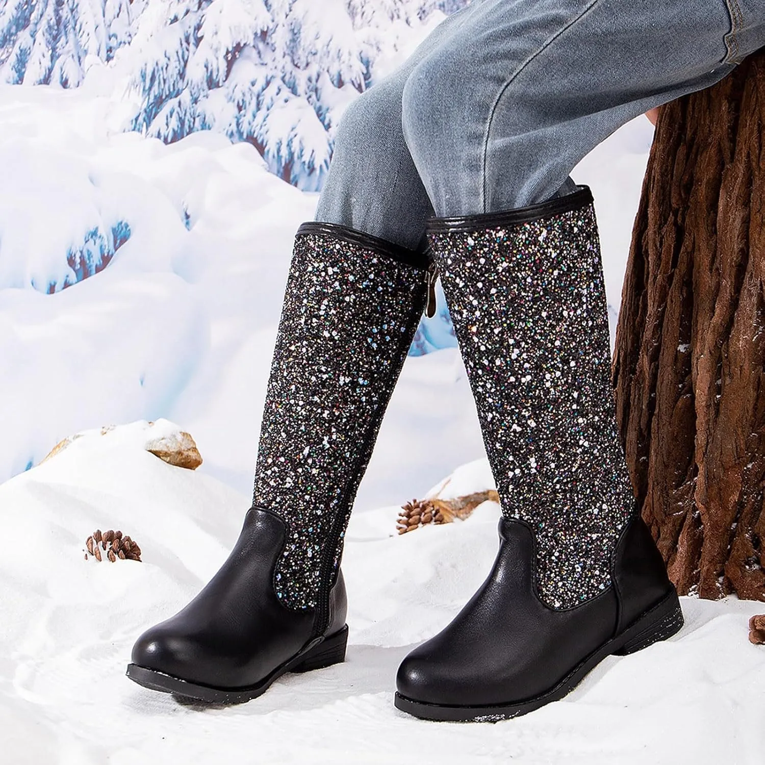 Sparkly Girls Cowboy Western Boots Mid Calf Square Toe Western Boot for Kids Glitter Cowboy Boots Snow Ankle Boots