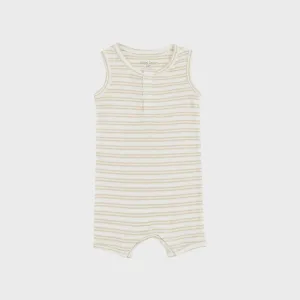 Striped Oxford Tan Sleeveless Shortie Romper