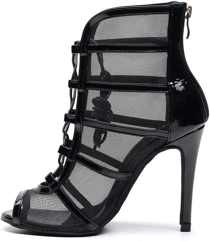 TDA Women's Stylish Stiletto Heel Zipper & Lace-up Glitter Print Mesh Synthetic Social Tango Prom Latin Dance Shoes Wedding Sandals Boots
