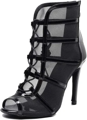 TDA Women's Stylish Stiletto Heel Zipper & Lace-up Glitter Print Mesh Synthetic Social Tango Prom Latin Dance Shoes Wedding Sandals Boots