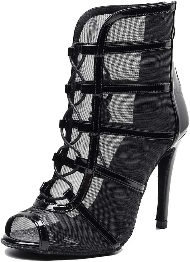 TDA Women's Stylish Stiletto Heel Zipper & Lace-up Glitter Print Mesh Synthetic Social Tango Prom Latin Dance Shoes Wedding Sandals Boots