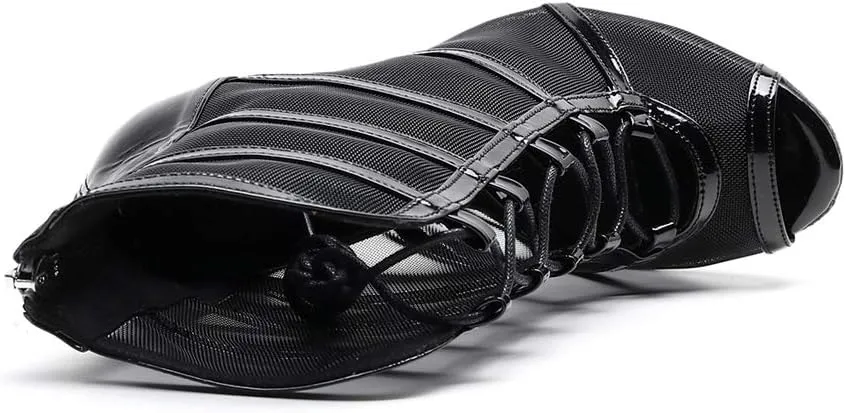 TDA Women's Stylish Stiletto Heel Zipper & Lace-up Glitter Print Mesh Synthetic Social Tango Prom Latin Dance Shoes Wedding Sandals Boots
