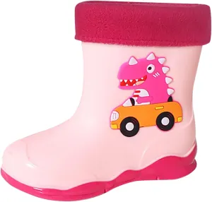 Toddler Boys Girls Dinosaur Rainboots with Fleece ining Kids Winter Lightweight Waterproof Rubber Mud Boots
