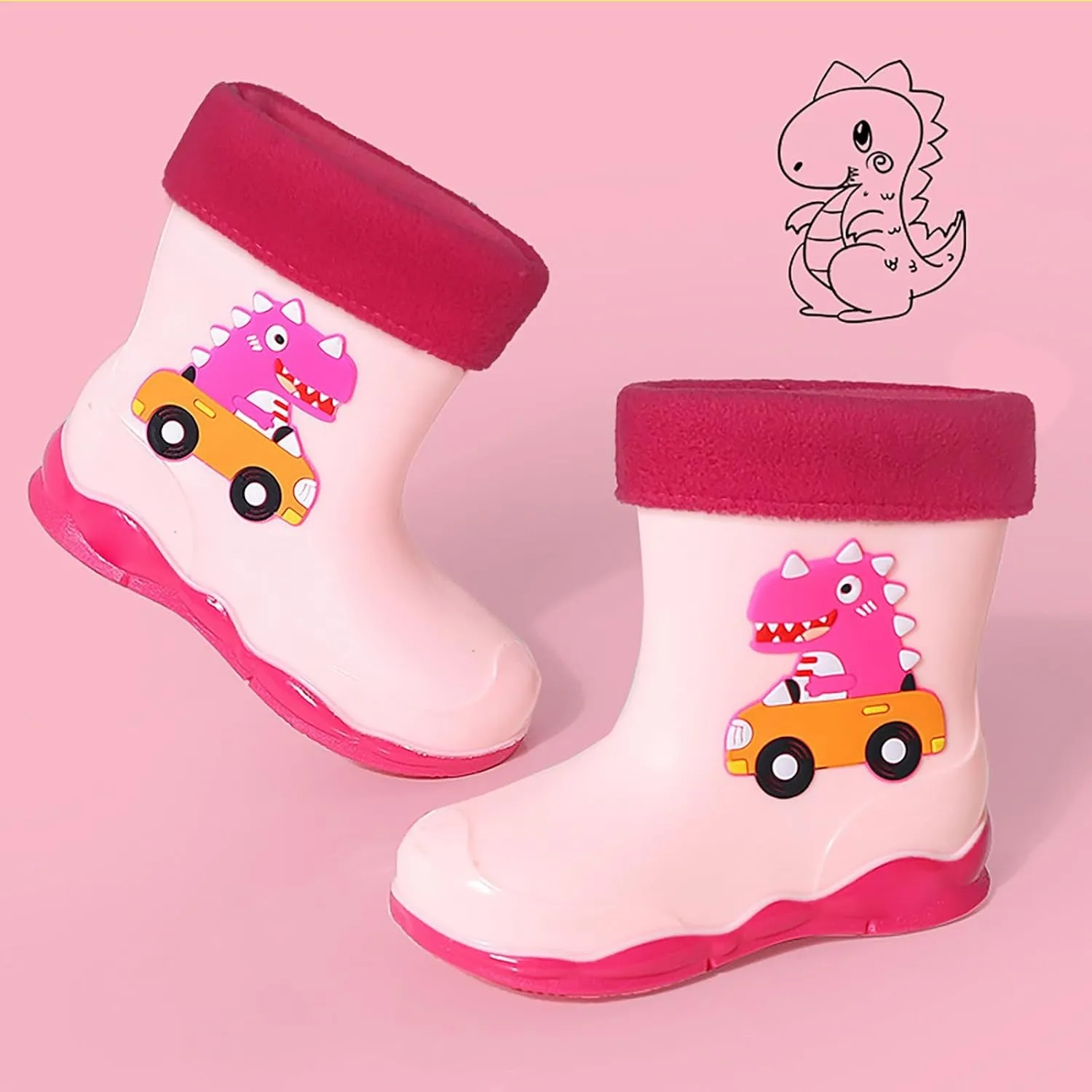 Toddler Boys Girls Dinosaur Rainboots with Fleece ining Kids Winter Lightweight Waterproof Rubber Mud Boots