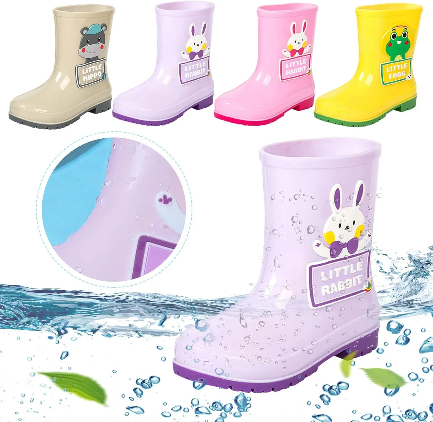 Toddler Rain Boots with Cute Cartoon Cow Kids Waterproof Rubber Boots for Girls Boys Soft Bottom Rain Boots
