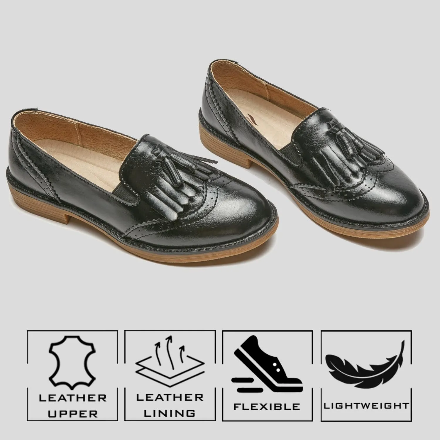 TRULAND Womens Leather Penny Loafers  Slip On Wingtip Oxfords Tassel Loafers Comfortable Casual Dressy Shoes for Office Work