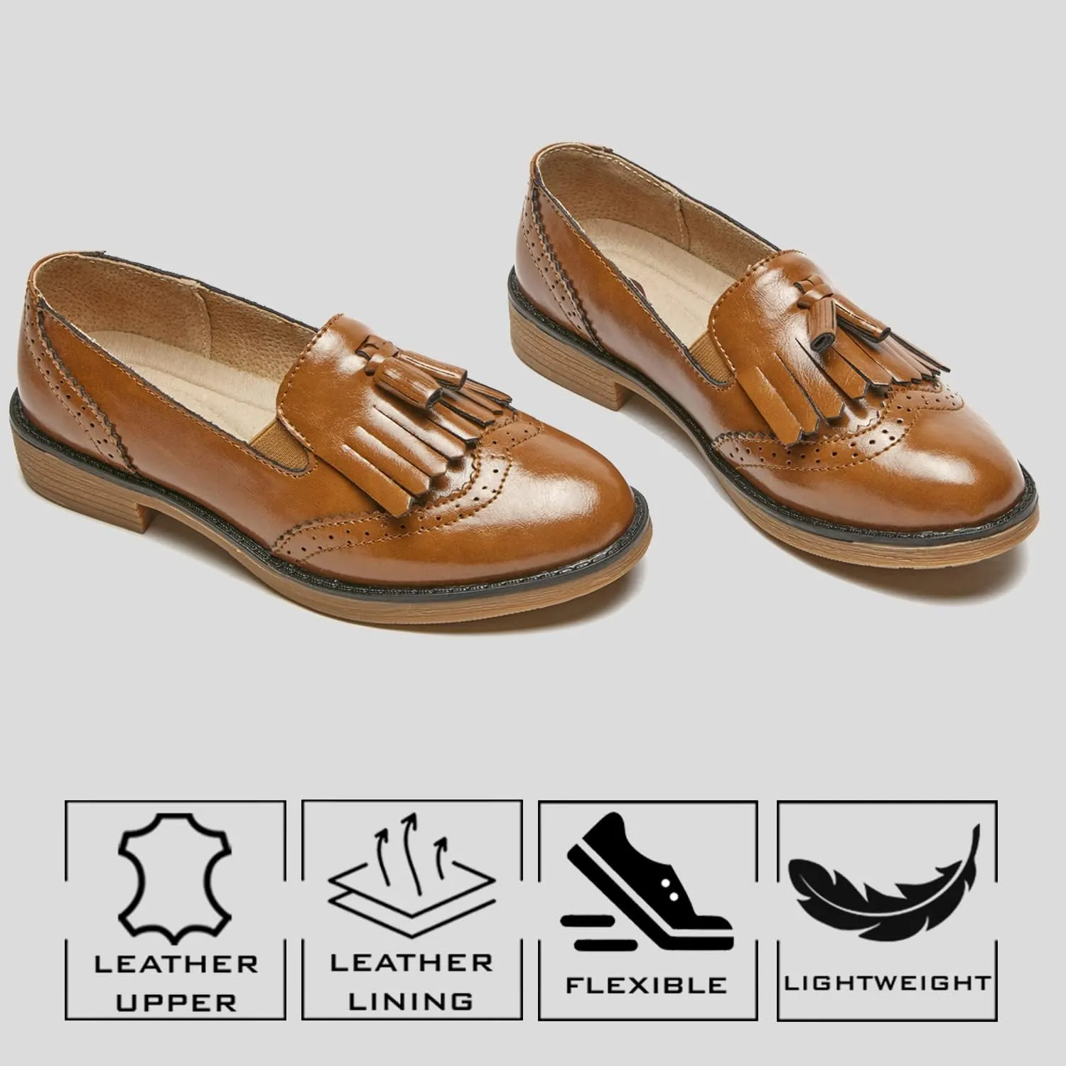 TRULAND Womens Leather Penny Loafers  Slip On Wingtip Oxfords Tassel Loafers Comfortable Casual Dressy Shoes for Office Work