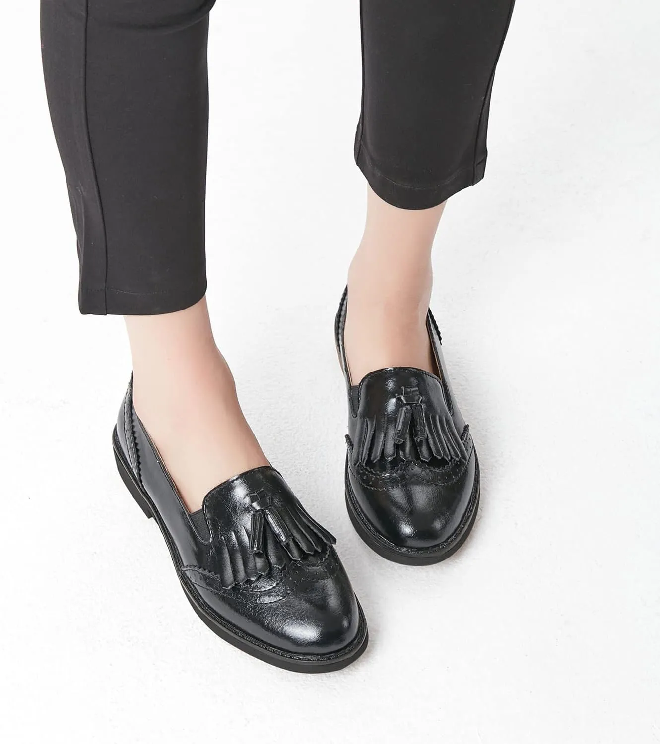 TRULAND Womens Leather Penny Loafers  Slip On Wingtip Oxfords Tassel Loafers Comfortable Casual Dressy Shoes for Office Work