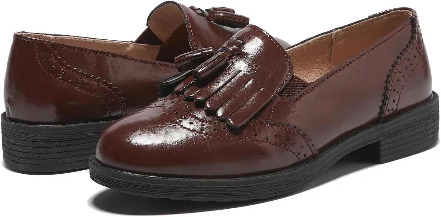 TRULAND Womens Leather Penny Loafers  Slip On Wingtip Oxfords Tassel Loafers Comfortable Casual Dressy Shoes for Office Work