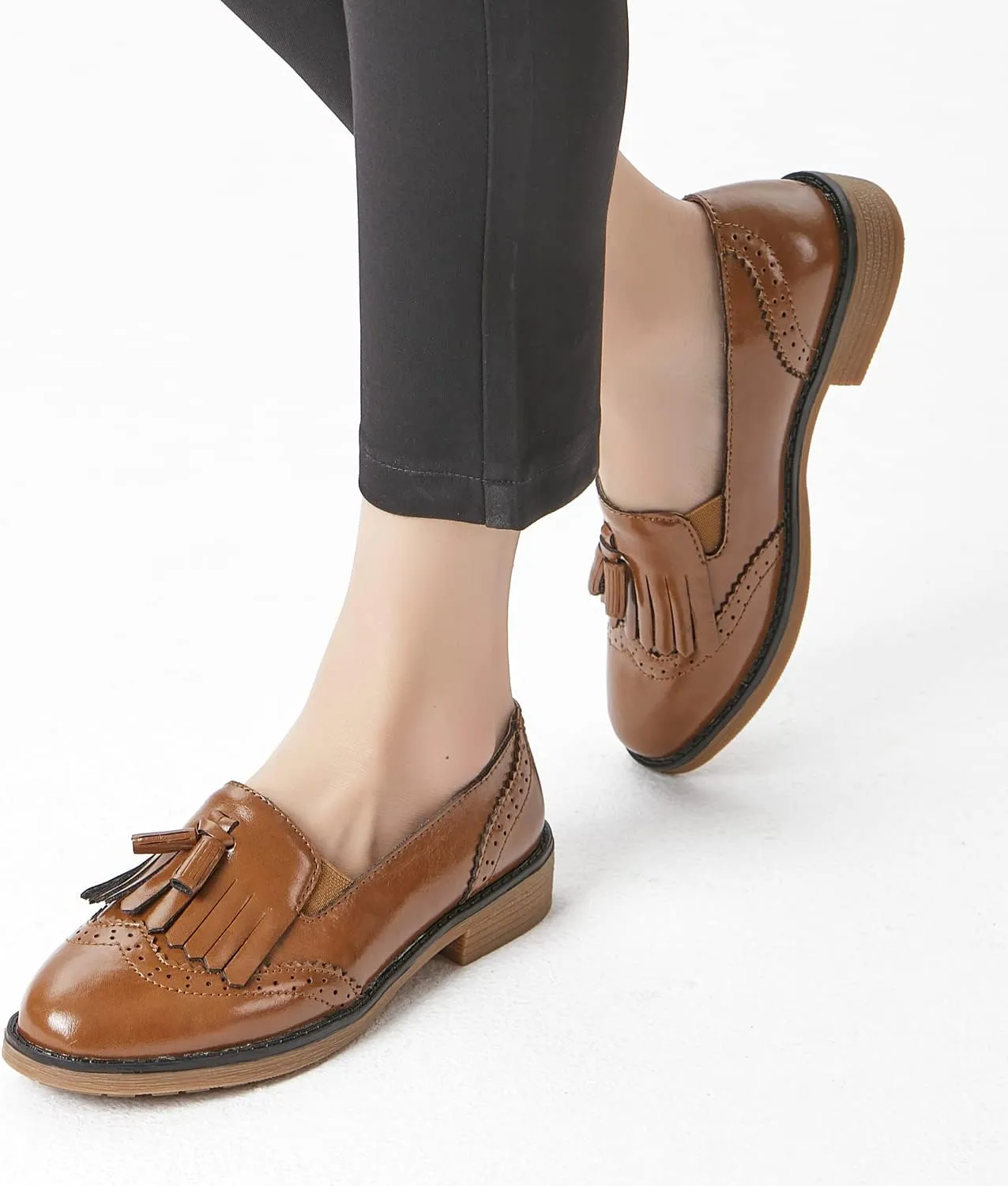 TRULAND Womens Leather Penny Loafers  Slip On Wingtip Oxfords Tassel Loafers Comfortable Casual Dressy Shoes for Office Work