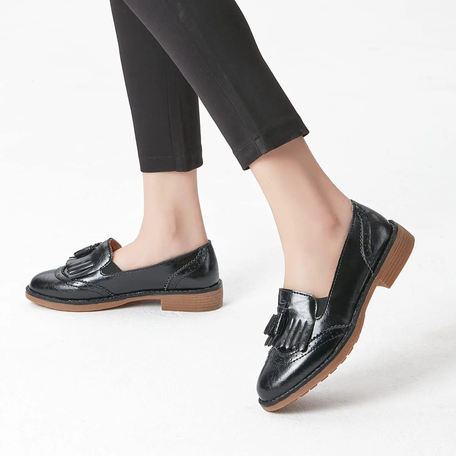 TRULAND Womens Leather Penny Loafers  Slip On Wingtip Oxfords Tassel Loafers Comfortable Casual Dressy Shoes for Office Work