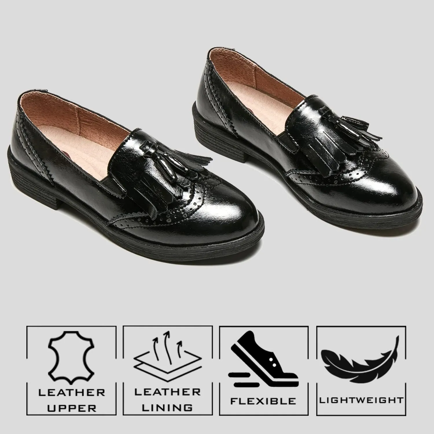 TRULAND Womens Leather Penny Loafers  Slip On Wingtip Oxfords Tassel Loafers Comfortable Casual Dressy Shoes for Office Work
