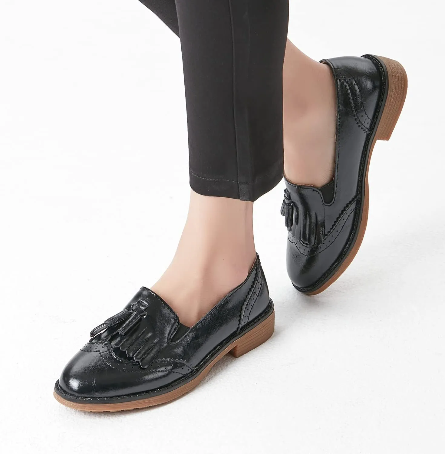 TRULAND Womens Leather Penny Loafers  Slip On Wingtip Oxfords Tassel Loafers Comfortable Casual Dressy Shoes for Office Work
