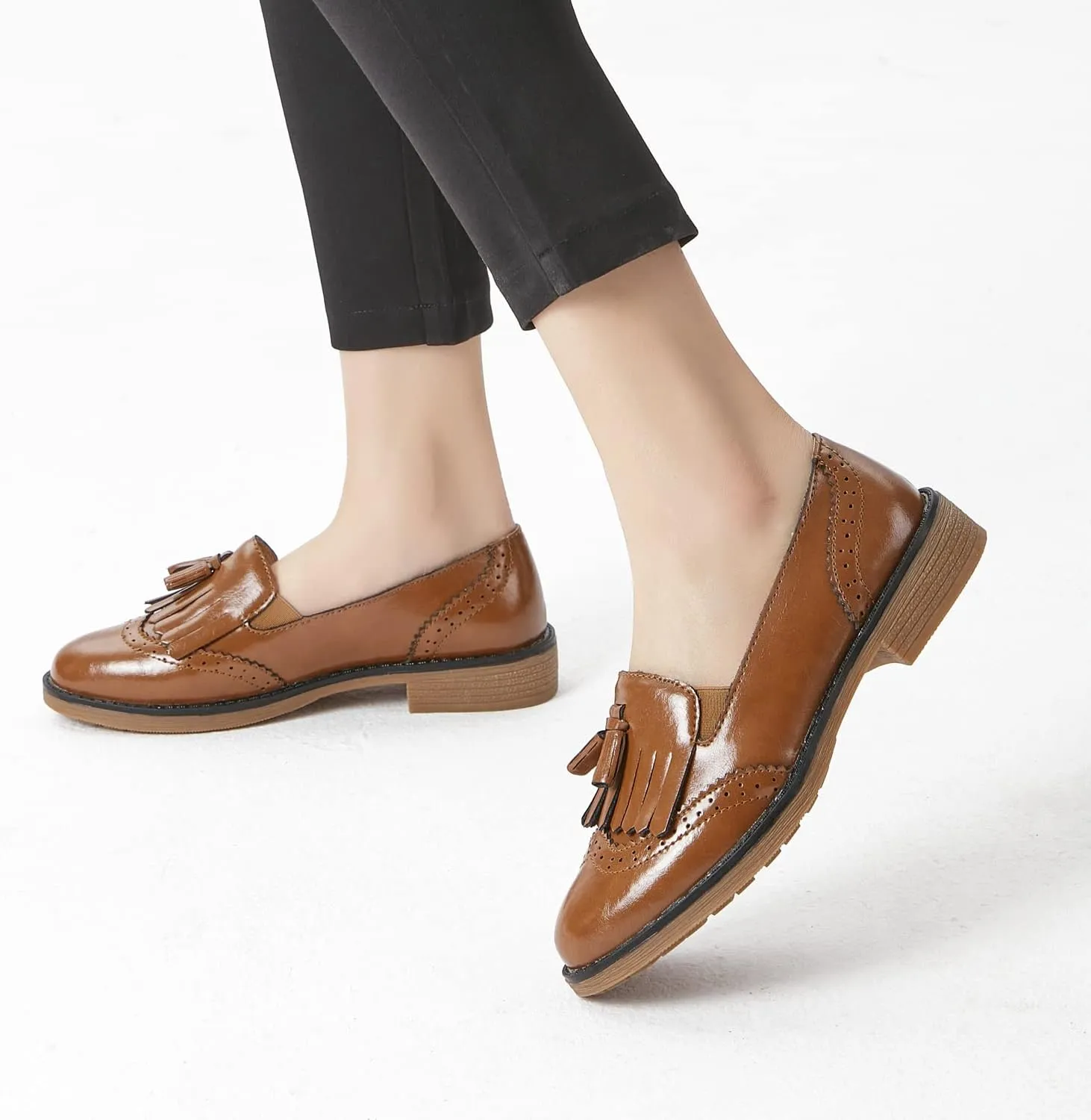 TRULAND Womens Leather Penny Loafers  Slip On Wingtip Oxfords Tassel Loafers Comfortable Casual Dressy Shoes for Office Work