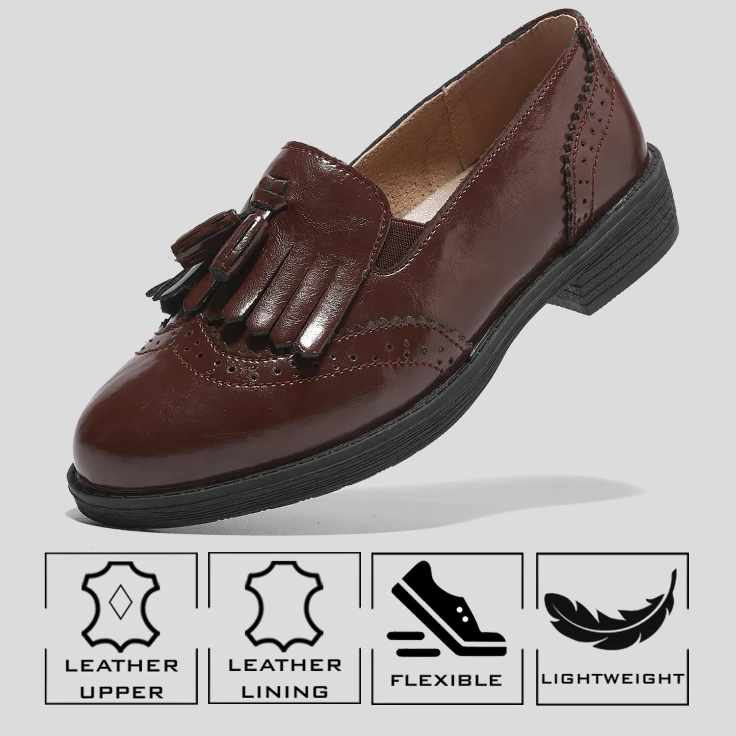 TRULAND Womens Leather Penny Loafers  Slip On Wingtip Oxfords Tassel Loafers Comfortable Casual Dressy Shoes for Office Work
