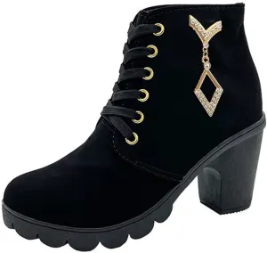 Women Chunky High Heel Ankle Boots, Lace Up Fur Outdoor Hiking Short Boot, Lightweight Snow Winter Warm Booties