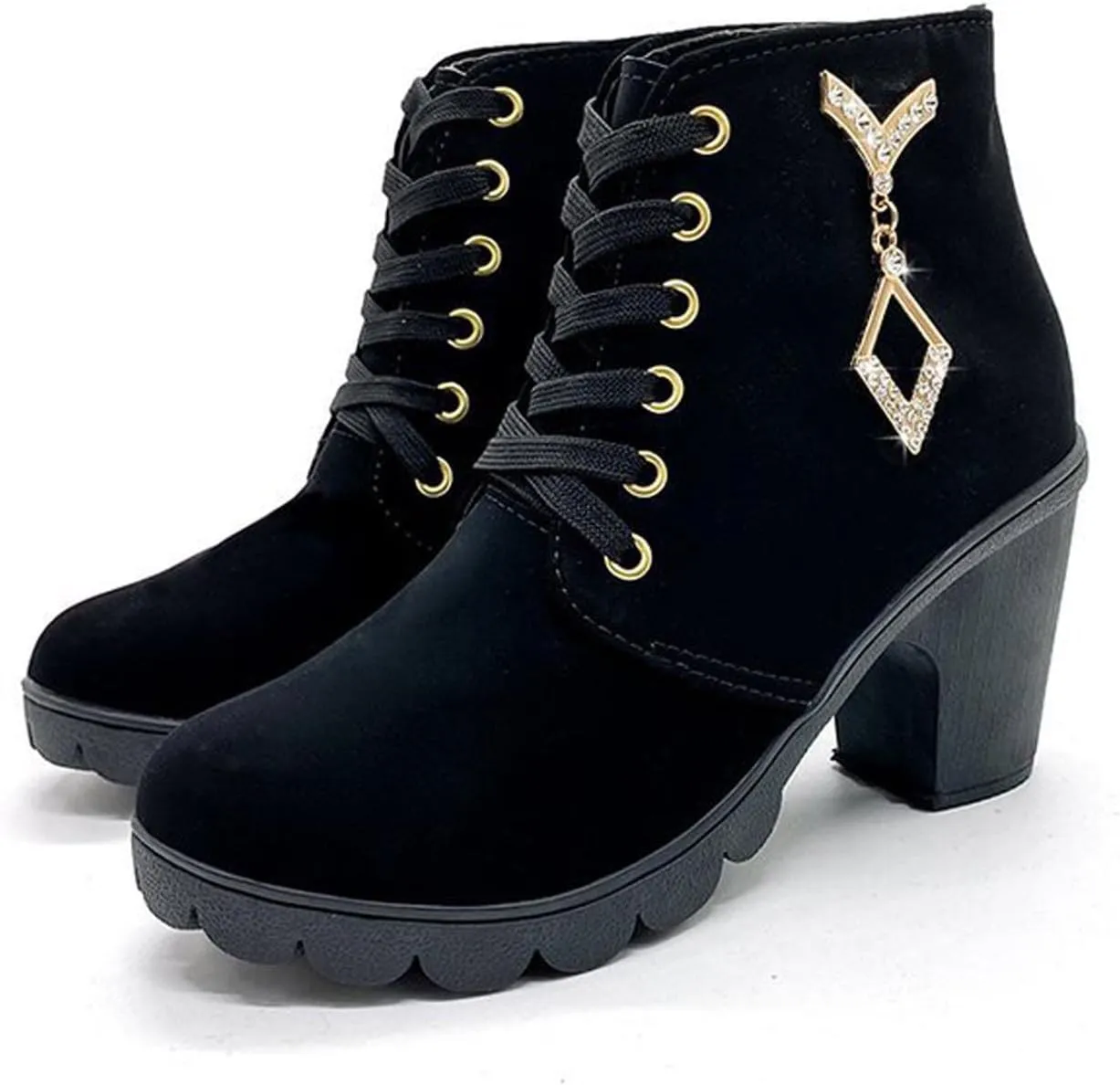Women Chunky High Heel Ankle Boots, Lace Up Fur Outdoor Hiking Short Boot, Lightweight Snow Winter Warm Booties