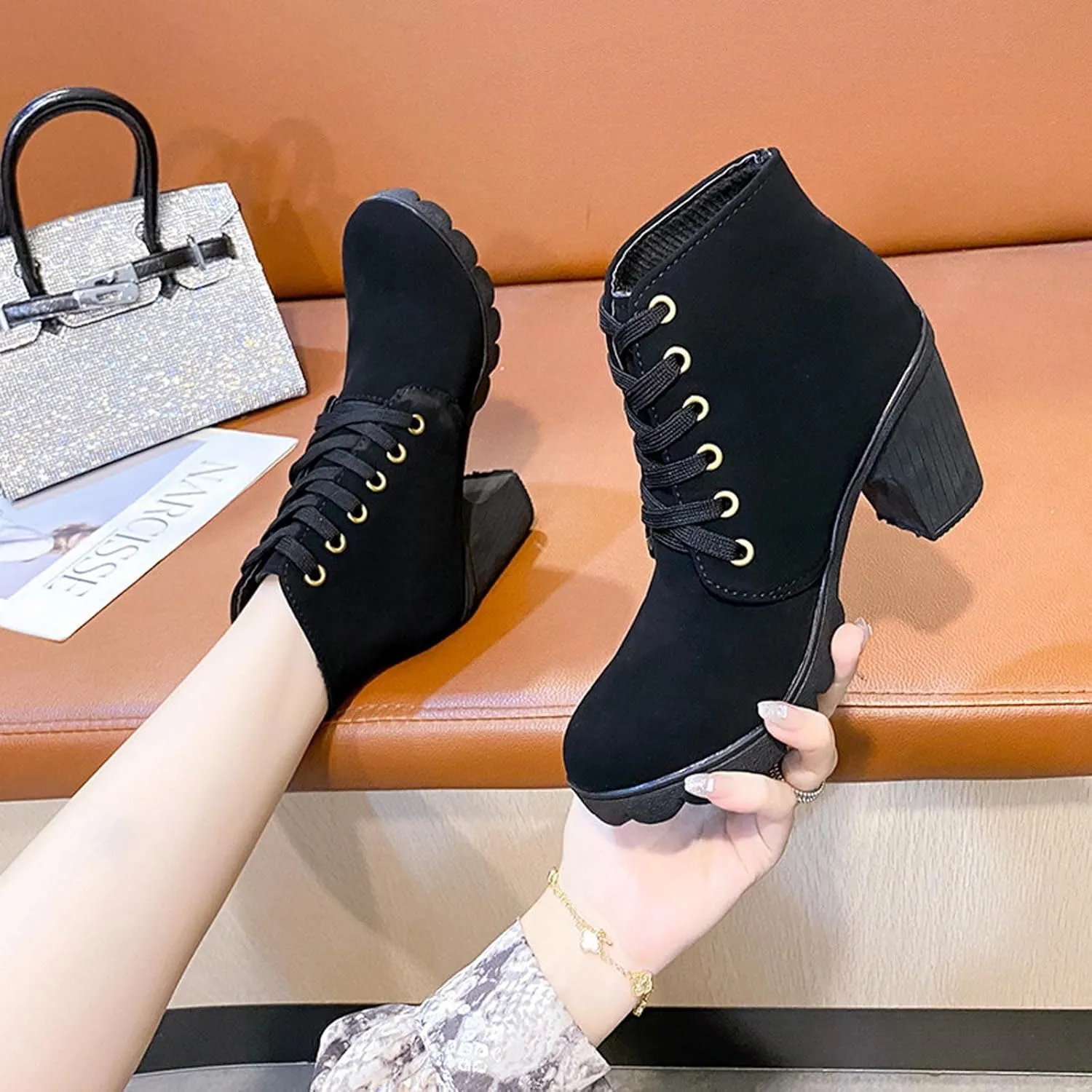 Women Chunky High Heel Ankle Boots, Lace Up Fur Outdoor Hiking Short Boot, Lightweight Snow Winter Warm Booties