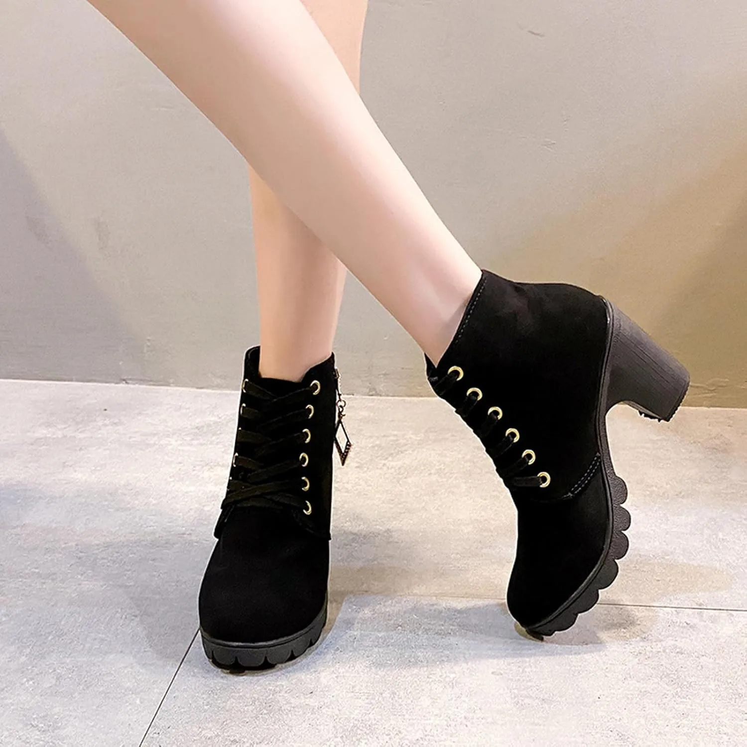 Women Chunky High Heel Ankle Boots, Lace Up Fur Outdoor Hiking Short Boot, Lightweight Snow Winter Warm Booties