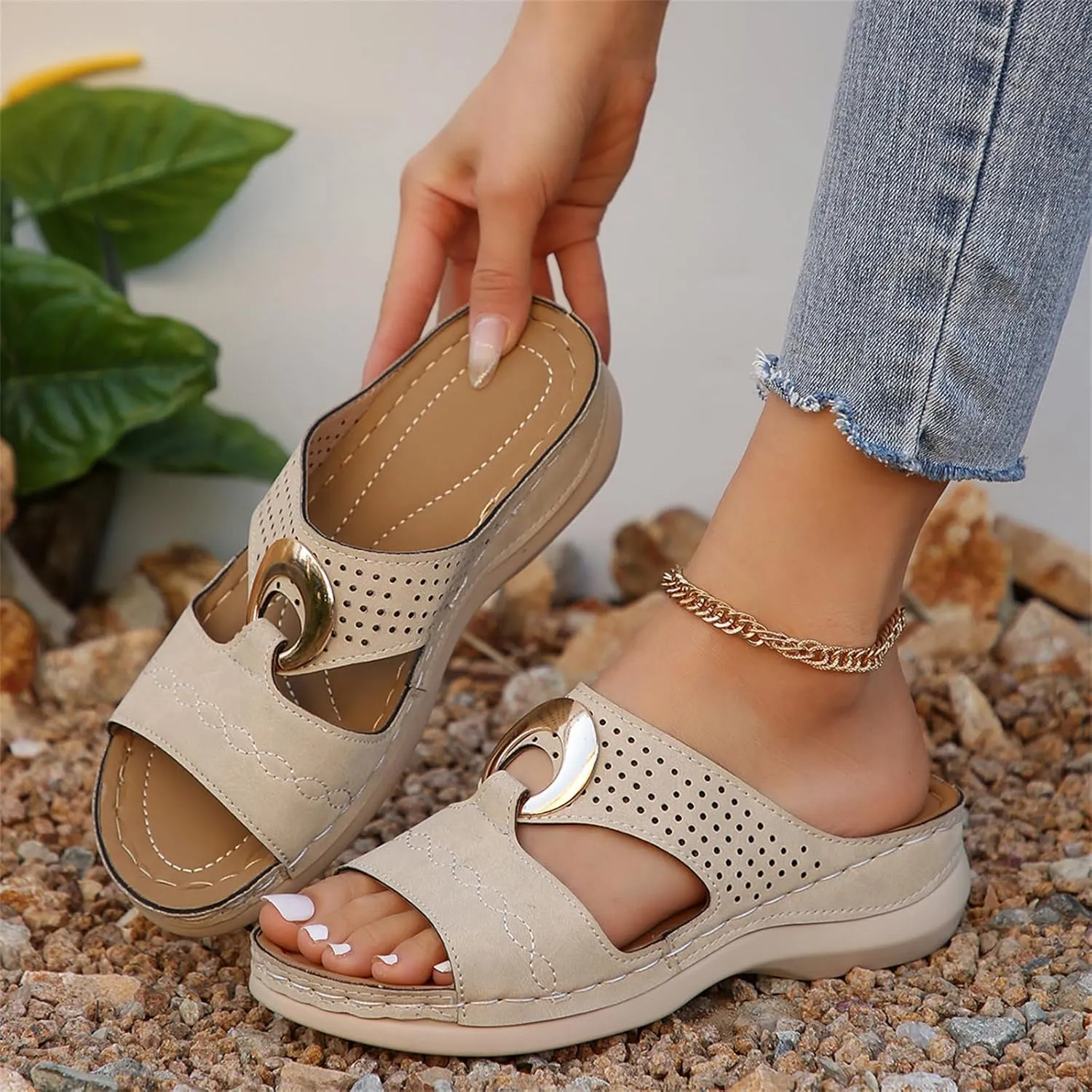 Womens 2025 Casual Wedges Hollow Out Open Toe Platform Comfortable Breathable Slip On Comfy Orthotic Wide Width Beach Walking Sandals Slippers
