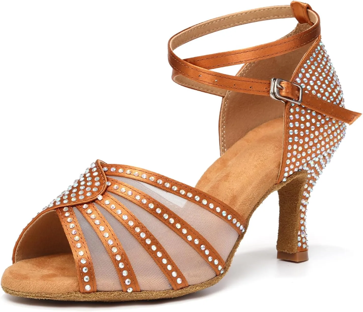 Women's Ballroom Dance Shoes Rhinestones Open Toe Professional Latin Salsa Performance Dancing Heels,Model YC-L598-Suede Sole-3Heel